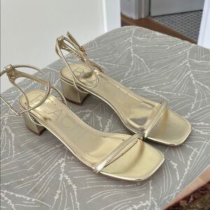 Elegant Gold Sandals with Low Block Heel and Ankle Straps